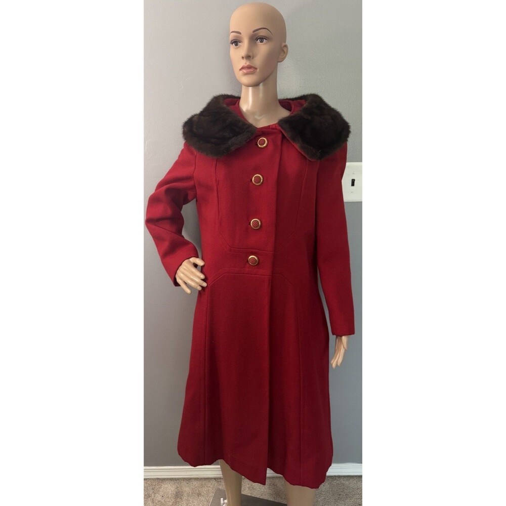 Vintage 1950s Red Wool Coat Mink Fur Collar? Full Length Lined OverCoat USA